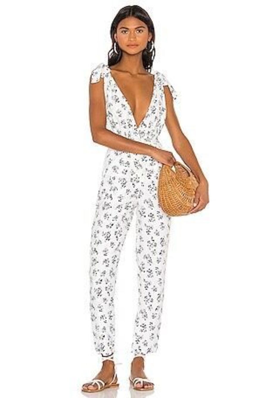 LPA Shoulder Tie Jumpsuit in Sabina Floral Black White XS